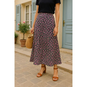 Vintage Kathie Lee Maxi Skirt Ditsy Floral Cottagecore Black Soft Slit Boho